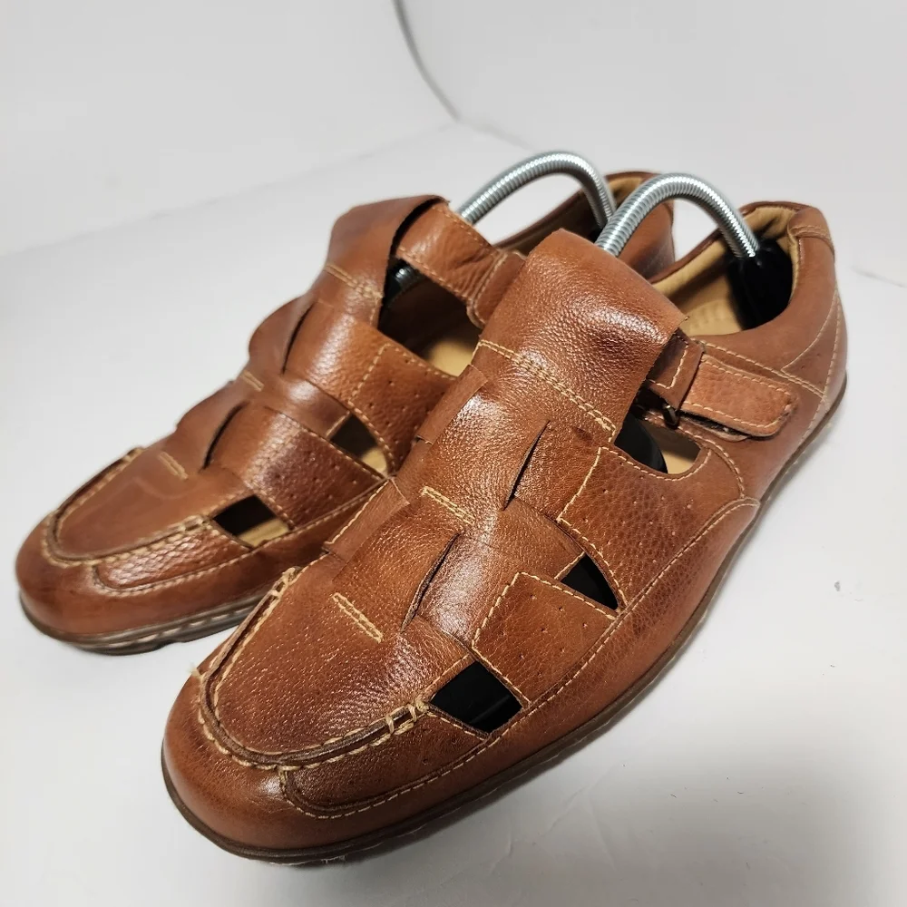 Sandro Mens Tan Leather Fisherman Sandals Size 9.5D Hook And Look Soft and Gel